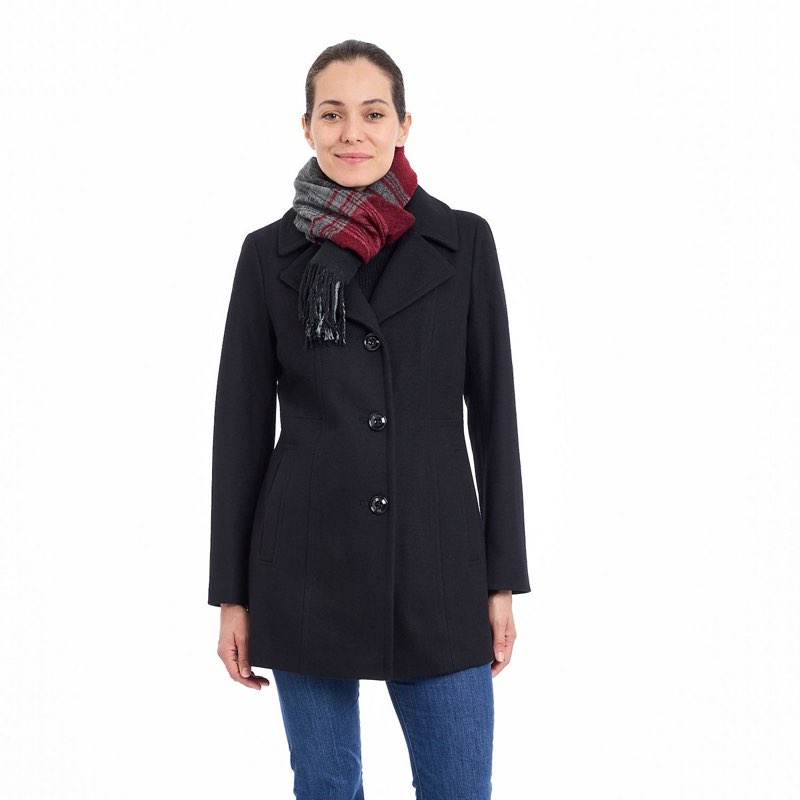 London Fog Women's Single-Breasted Wool Coat with Scarf, Black, XL