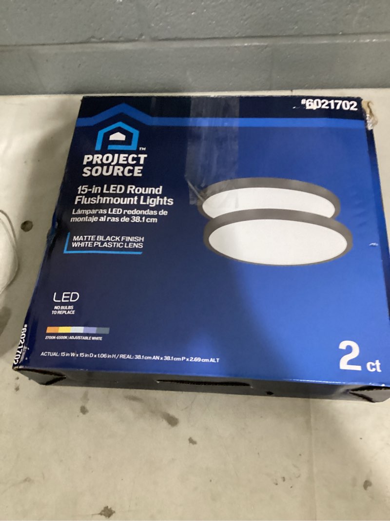 Condition photo showing As Is for project source edge light 1 -light 15-in matte black indoor/outdoor integrated led flush mount light 1 pack