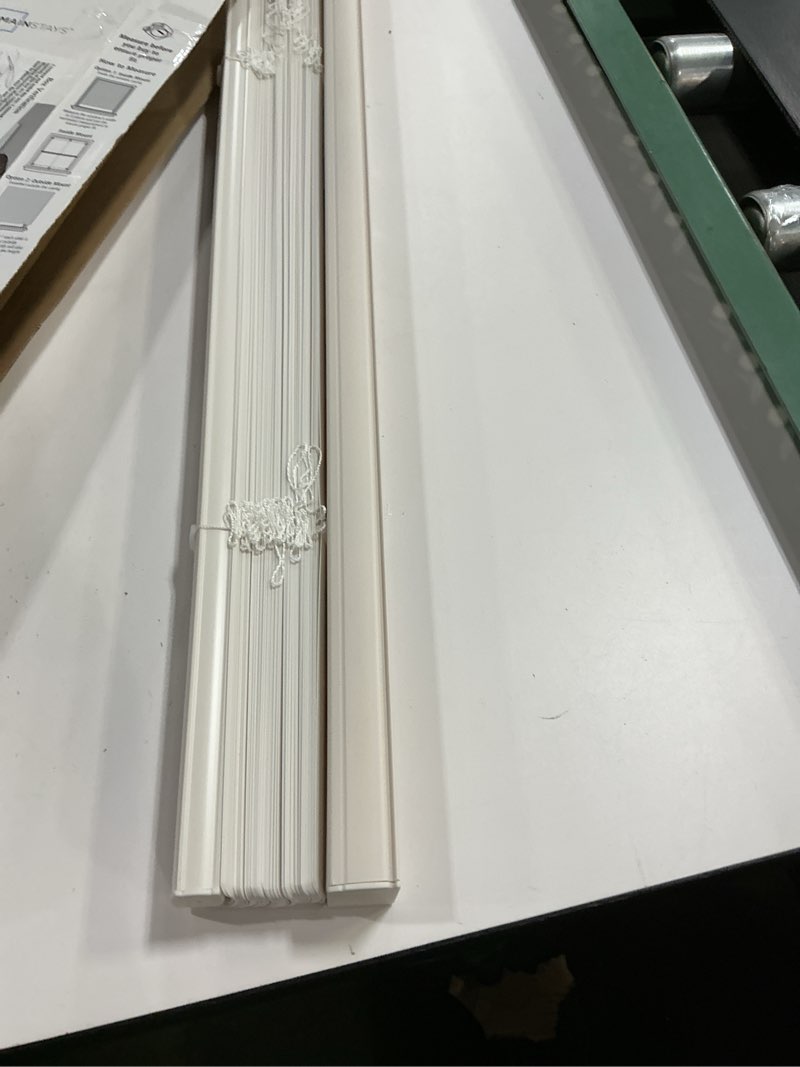 Condition photo showing As Is for mainstays 1  cordless vinyl light filtering blinds  1-piece  white  39  w x 64  l