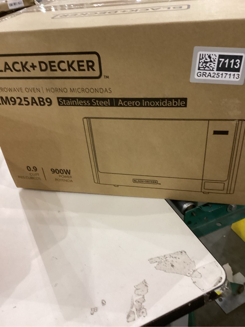 Condition photo showing New/Like New for BLACK+DECKER Digital Microwave Oven with Turntable Push-Button Door, Child Safety Lock, Stainless Steel, 0.9 Cu Ft 0.9 Cu.Ft