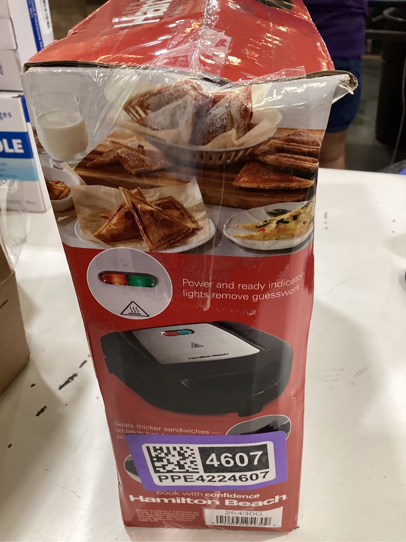 Condition photo showing Good Condition for hamilton beach electric sealed sandwich maker grill with pfas-free nonstick plates, makes stuffed french toast, omelets, compact & easy to store, black (25430g) compact & easy to store (single unit)