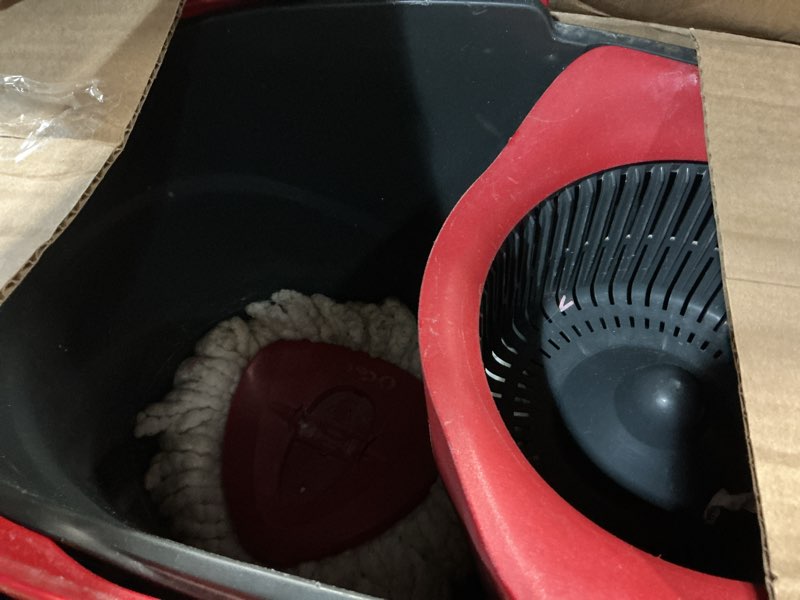 Condition photo showing As Is for o-cedar easywring microfiber spin mop & bucket floor cleaning system + 2 extra refills, red/gray spin mop & bucket with 2 extra refills