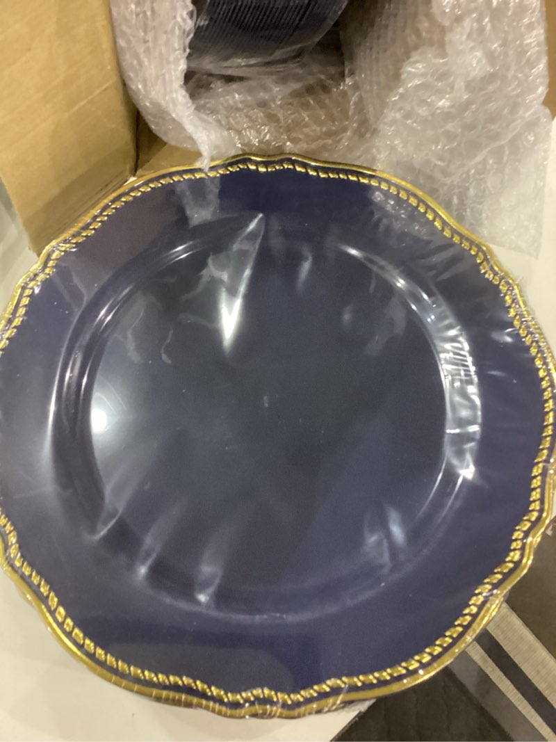 Hioasis 60pcs Blue Plastic Plates - Blue and Gold Disposable Dinnerware with Gold Rim, Heavy-duty, 1