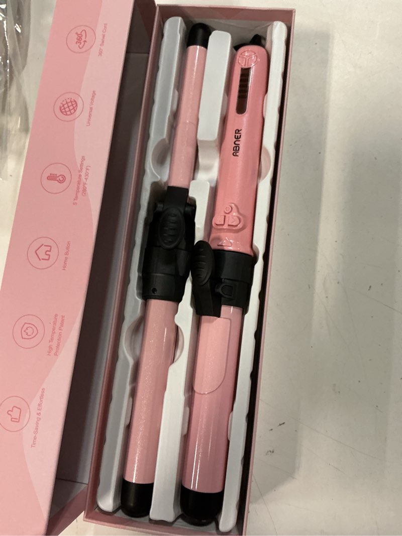 Condition photo showing Good Condition for rotating curling iron set, automatic curling wand for long hair easy to use hair curler get effortlessly-chic beach waves 3 sizes ceramic barrel 0.75" 1" 1.25" to 430°f with home button, dual voltage pink