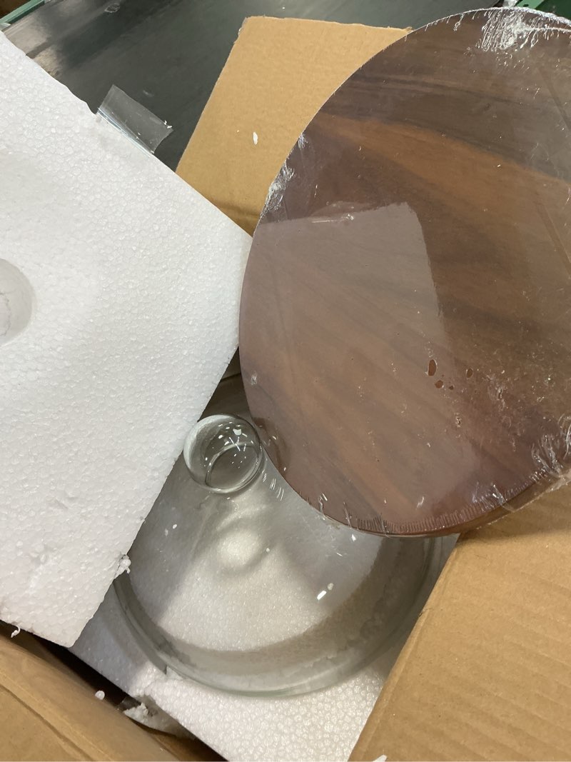 Condition photo showing Good Condition for Libbey Acacia Wood Cake Stand with Lid, Footed Round Cake Container, Ball Top Handle Covered Cake Stand, Durable Glass Dome Cover Wood - Footed