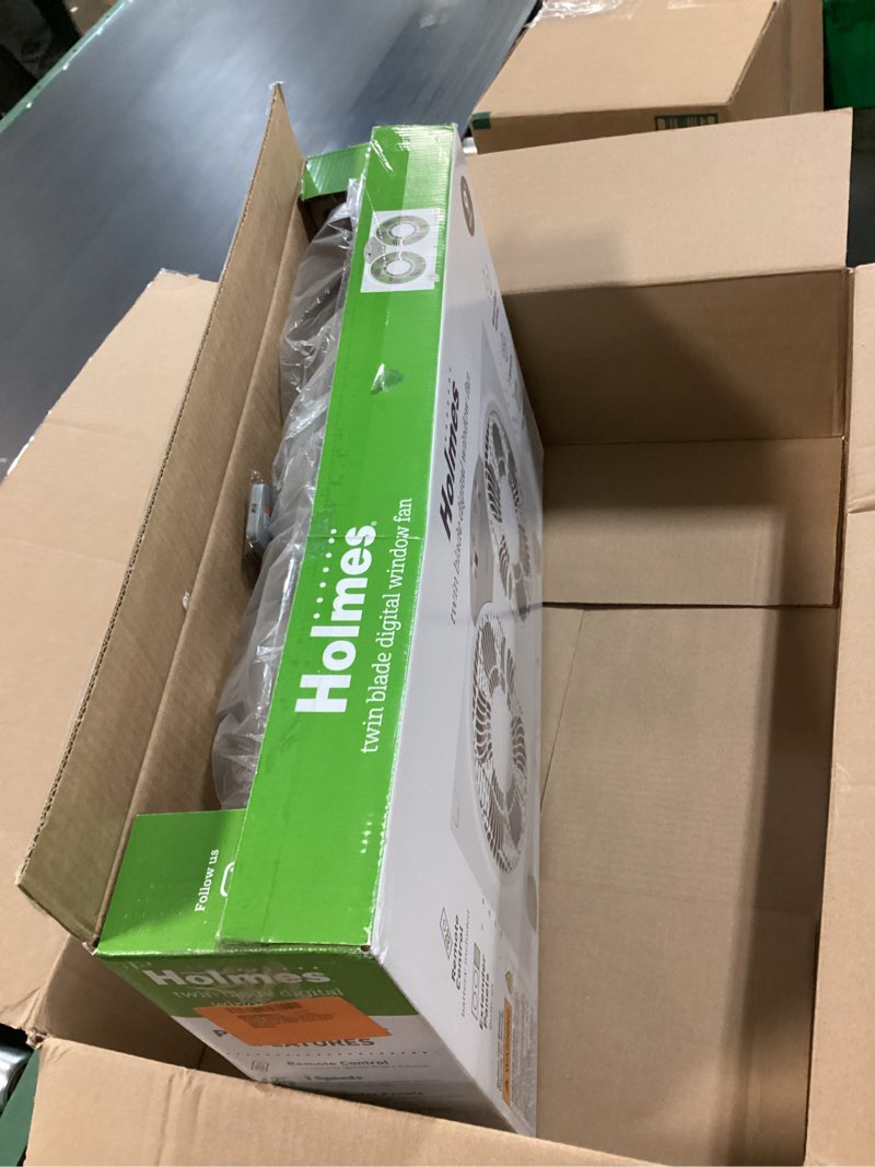 Condition photo showing New/Like New for HOLMES 9" Twin Digital Window Fan, Reversible Airflow Blades, In/Out Exchange, 3 Speeds, Built-In Extender Panels, Ideal for Home, Bedroom or Office, Remote Control, White Digital Control w/ Remote 9 Inch