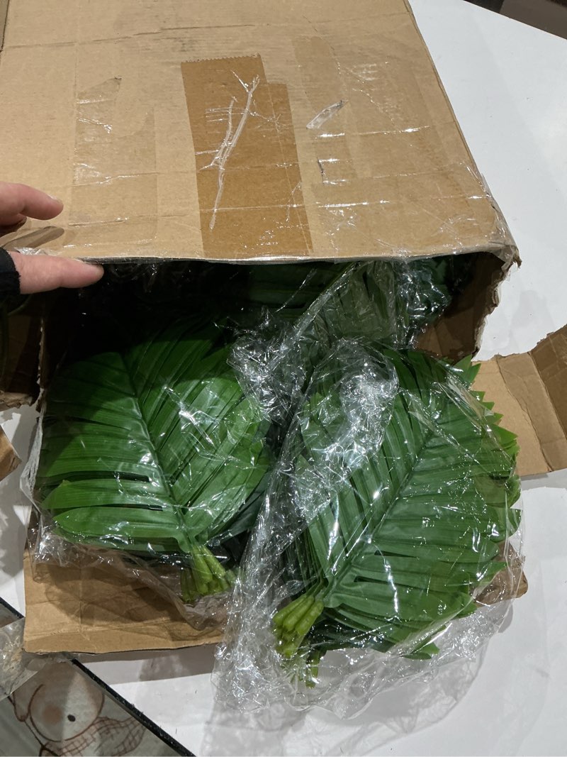 Condition photo showing Good Condition for tigeen 10 pack artificial palm leaves tree outdoor, 33" large faux greenery tropical plant uv resistant plastic bushes for home office, hawaiian luau, jungle safari, wedding, indoor, pool beach party