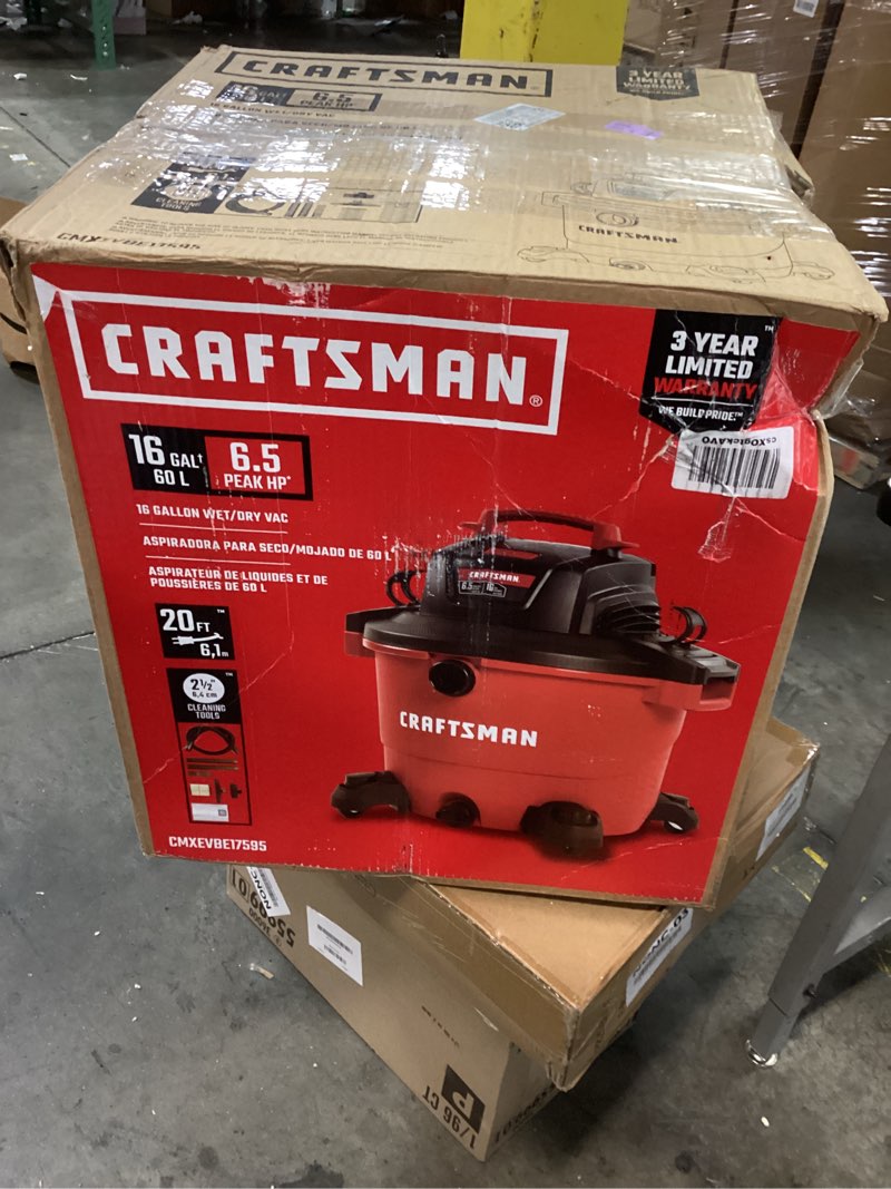 Condition photo showing As Is for CRAFTSMAN CMXEVBE17595 16 Gallon 6.5 Peak HP Wet Dry Vac, Heavy-Duty Shop Vacuum Wet and Dry with Filter, Dust Bag, Hose and Attachments for Home Projects & Renovations