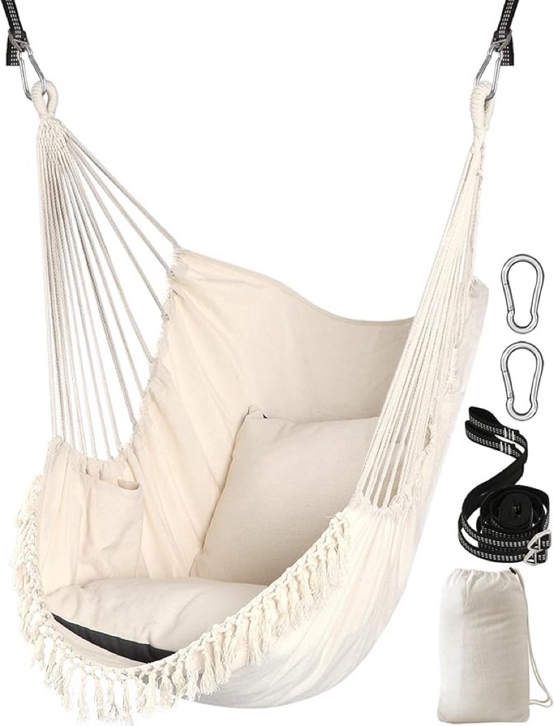 Chihee Hammock Chair Hanging Swing 2 Seat Pillows Included,Strong Webbing Straps and Hooks for Easy Hanging Soft Cotton Weave Hanging Chair Side Pocket Large Tassel Chair Set Comfort Indoor Outdoor