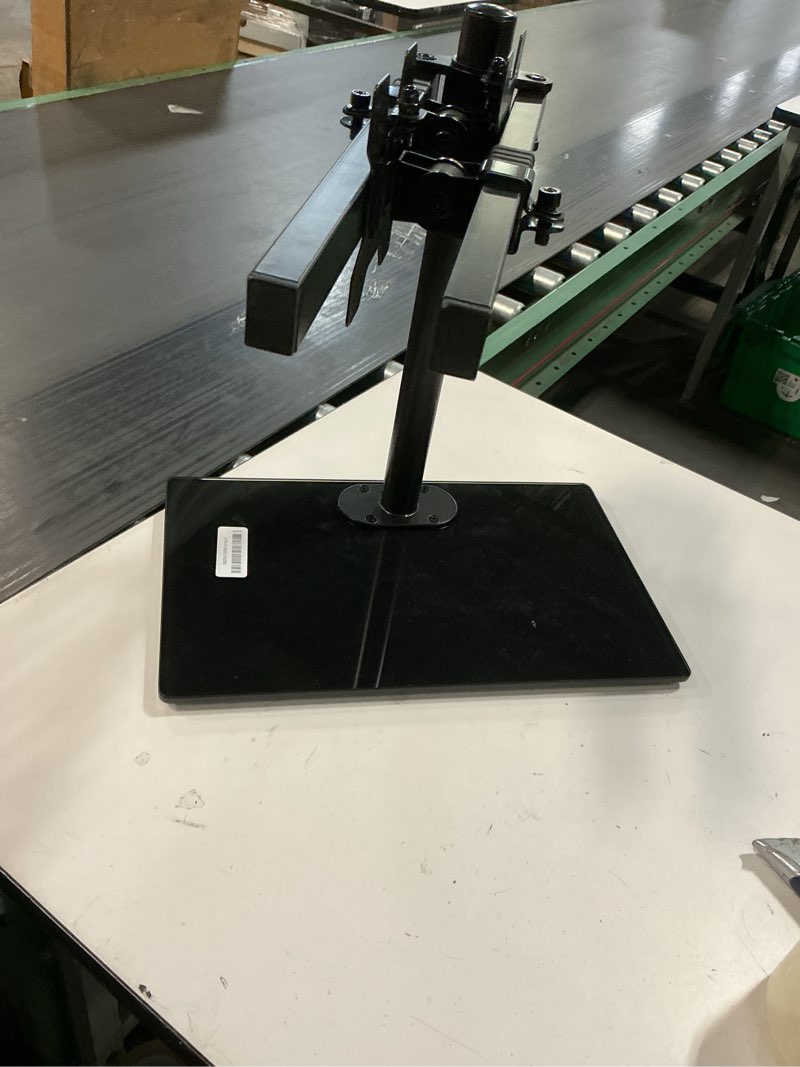 Condition photo showing As Is for WALI Free Standing Dual Monitor Stand, Height Adjustable Monitor Mount with Glass Base, Fits LCD LED Flat Curved Screen up to 27 inch, 22lbs, with Grommet Base (GMF002) Dual Arms - 13-27 inch Glass Stand