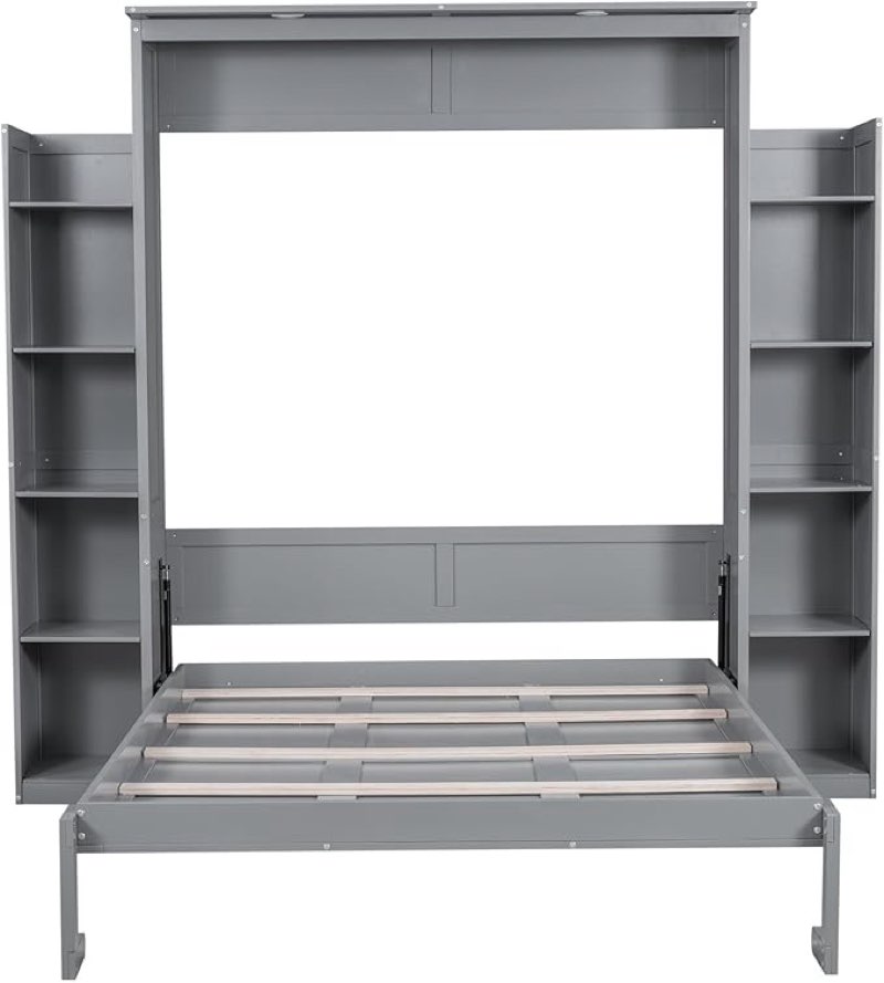 ( incomplete)Queen Murphy Bed with Storage Shelves and LED Lights, Wood Grey Murphy Wall Bed Cabinet for Adults