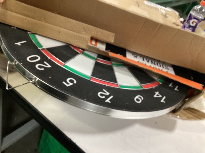 Condition photo showing As Is for Dartboard with Stand, 34"-74" Adjustable Height Dartboard Stand for Adults, 18" Dart Board, Sturdy Tripod, Portable Design with 6 Darts for Travel, Home, Bars, or Outdoor Games