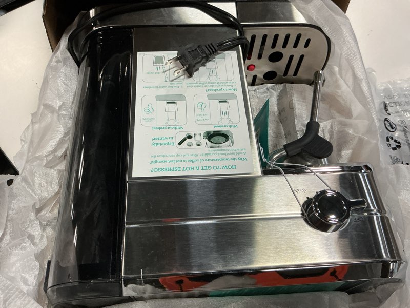 Condition photo showing As Is for CASABREWS CM5418 Espresso Machine 20 Bar, Compact Espresso Maker with Steam Milk Frother, Stainless Steel Coffee Machine with 34oz Removable Water Tank for Cappuccino, Latte, Silver A-Silver Button