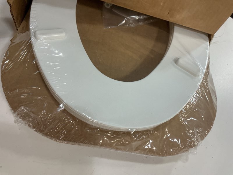 Condition photo showing Good Condition for mayfair padded toilet seat with chrome hinges, soft vinyl over wood core seat, made in usa, elongated, white