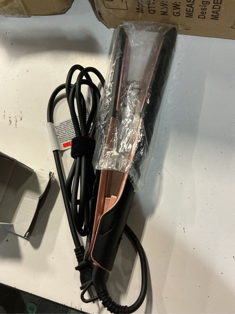Condition photo showing Good Condition for hair straightener 1 inch flat iron and curler 2 in 1 titanium ceramic ionic dual voltage straightener with heat-resistant silicone, for less frizz, shinier & smoother 1 inch black/rose gold