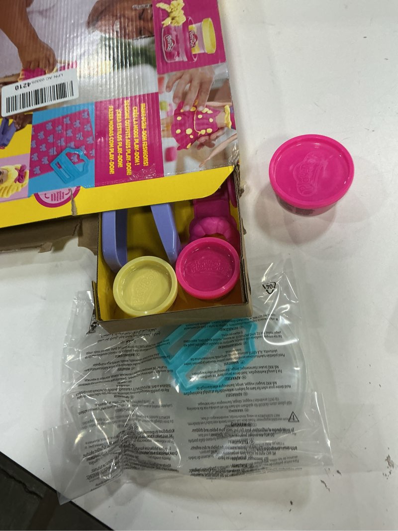 Condition photo showing New/Like New for play-doh barbie ruffles and bows set, make doll clothes with modeling compound & 9 fashion accessories, arts & crafts for girls & boys 5+