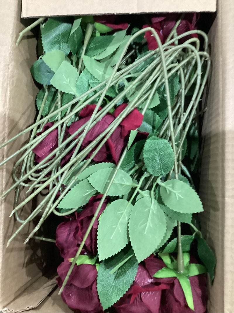 Condition photo showing As Is for 50 PCS Fake Red Roses, Artificial Red Flowers Bulk Realistic Silk Faux Rose with Stems for Wedding Decoration Anniversary Bridal Bouquet DIY Floral Arrangement Romantic Home Decor Gifts Red 50 Pcs