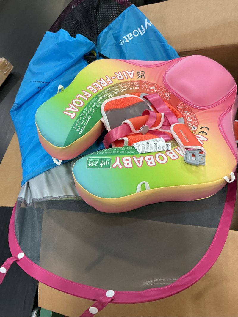 Condition photo showing As Is for mambobaby float with canopy baby pool float non-inflatable | baby float with upf 50+ sun shade upgraded add tail solid swim float for infant 3-24 months, rainbow pink deluxe edition rainbow