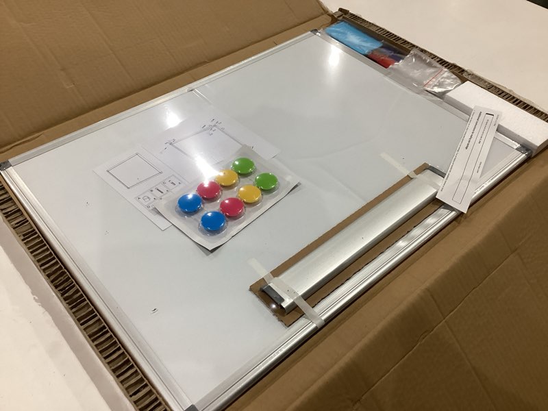 Condition photo showing As Is for walglass double-sided white board, 24" x 18" dry erase board magnetic whiteboard for wall, hanging mounted whiteboard silver aluminium frame for home, school, office, kitchen white 1-pack 24"w x 18"h