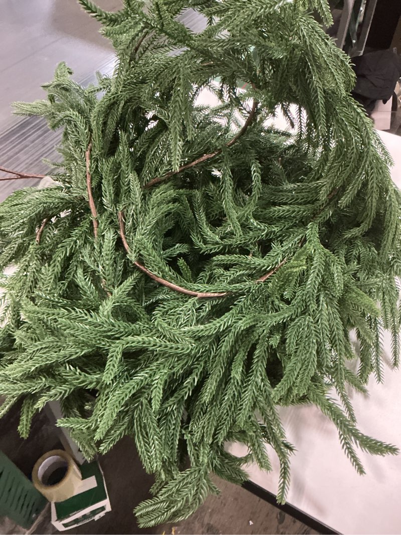 Condition photo showing Good Condition for Hananona 9 Ft 2 Pcs Artificial Norfolk Pine Garlands, Realistic Pine Garland, Green Artificial Greenery Garland for Table, Mantle, Wall, Indoor, Outdoor Winter Christmas Decorations (2, 9 FT) 2 9 FT
