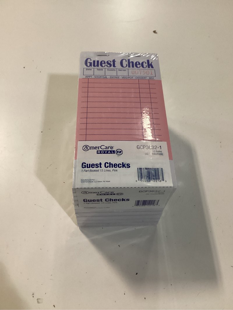 Condition photo showing New/Like New for amercare royal green guest check paper receipt book, carbonless order book with 17 lines, 2 part booked, case of 50 server notepad books