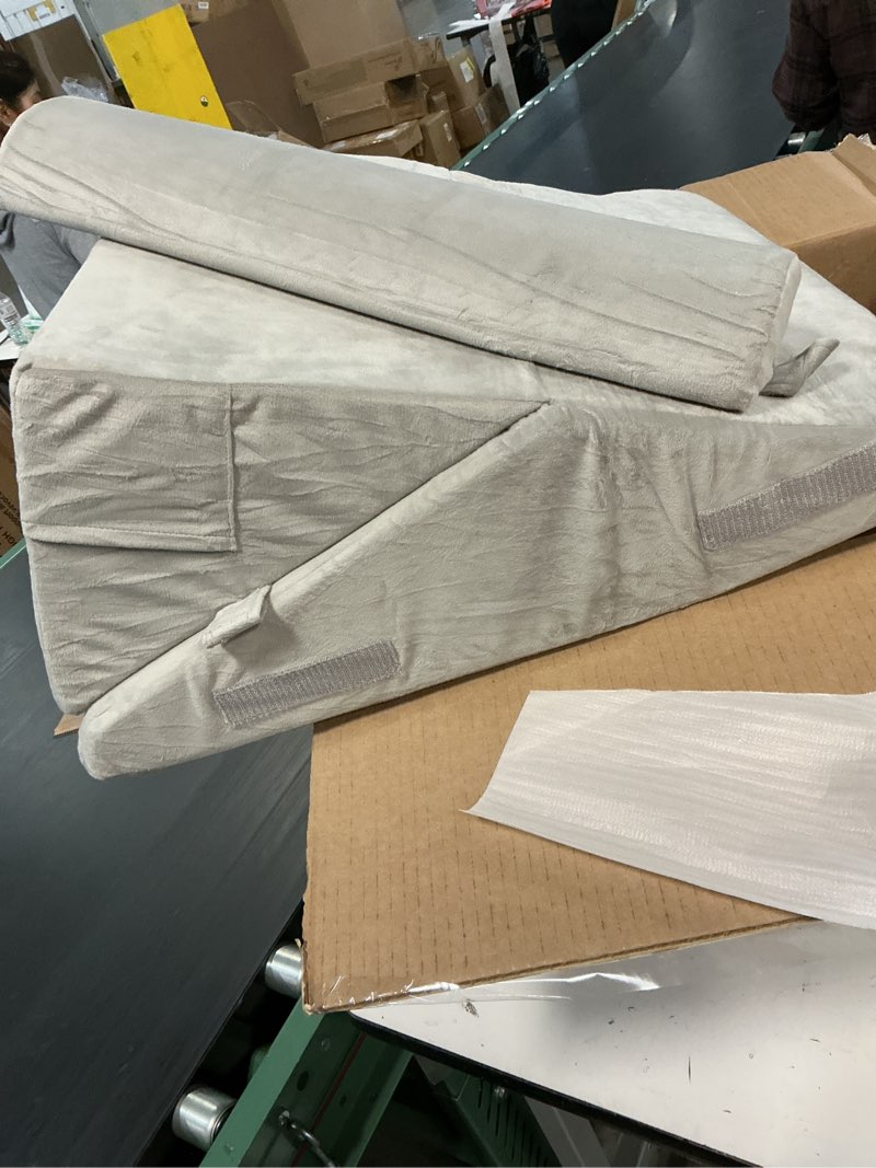 Condition photo showing As Is for sasttie wedge pillow set for after surgery, 2pcs adjustable bed wedge pillow headboard with memory foam neck cushion – for acid reflux, sleeping, neck & back support, velvet & light grey adjustable 9&12 inch + 1 head pillow velvet - light grey