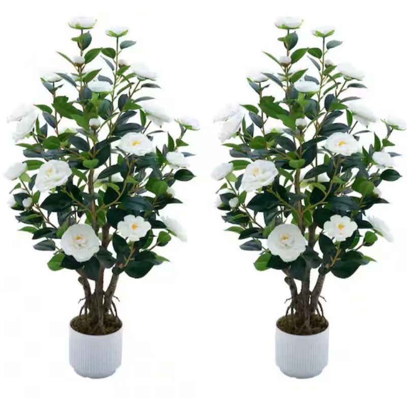 2 pack 2 ft. artificial camellia tree in white pot with white flowers