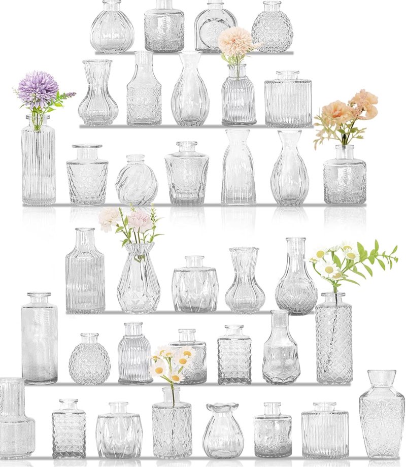  36Pcs Bud Vases Set Small Vintage Glass Bottles Clear Bud Vases in Bulk Multiple Shape Cute Glass Vases for Rustic Wedding Centerpieces Table Decorations and Home Decor(Clear)