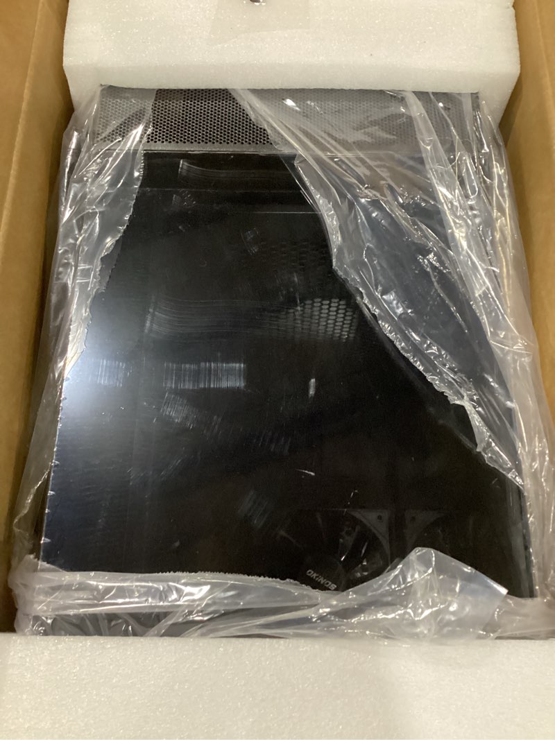 Condition photo showing As Is for not tested okinos aqua 3 air, micro atx case, matx pc case with 3 x 120mm 3-pin non-pwm fans (no argb) pre-installed, panoramic view tempered glass front & side panel, with type c port, black