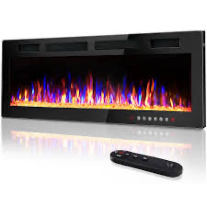 Inch Electric Fireplace Wall Mounted and Recessed LED Fireplace with Remote Control 8h Timer, 12 Flames,Touch Screen, in-Wall Fireplace Heater with Log & Crystal Hearth for Living Room