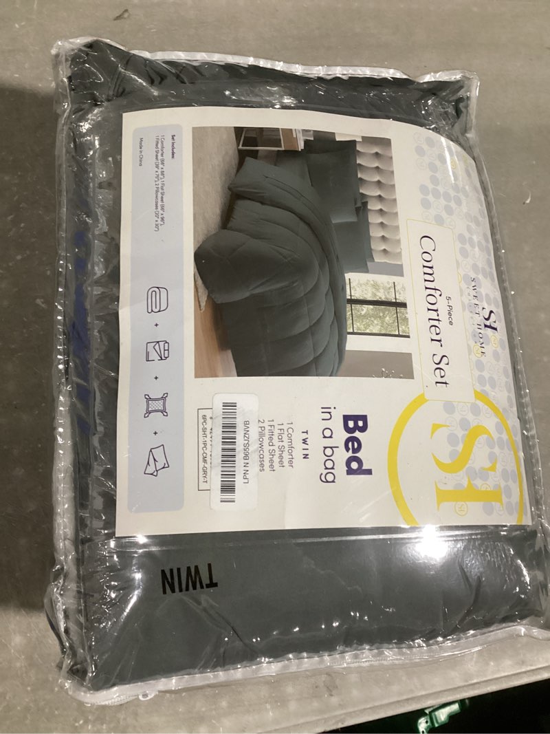 Condition photo showing Good Condition for Sweet Home Collection 5 Piece Comforter Set Bag Solid Color All Season Soft Down Alternative Blanket & Luxurious Microfiber Bed Sheets, Gray, Twin Gray Twin