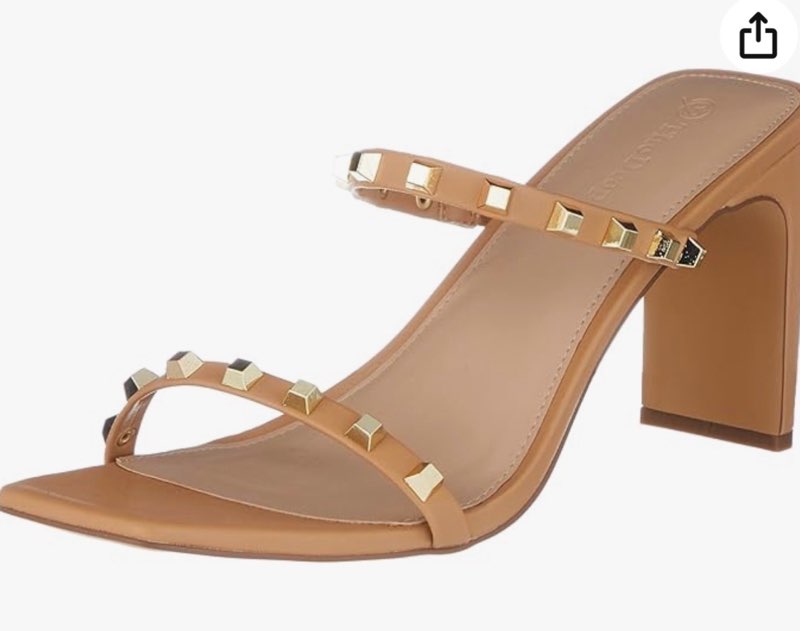 The Drop Women's Avery Square-Toe Two-Strap High Heeled Sandal, Doe Tan Studded size 10
