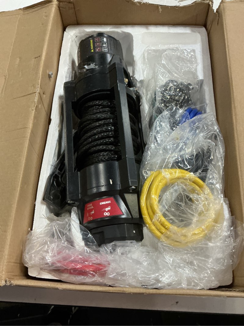 Condition photo showing As Is for x-bull new 6000lbs ip68 waterproof electric winch boat trailer winch with 2 in 1 wireless remote synthetic rope 1/4 in x49.8ft hook automatic braking powersports off road 6000lbs-ip68