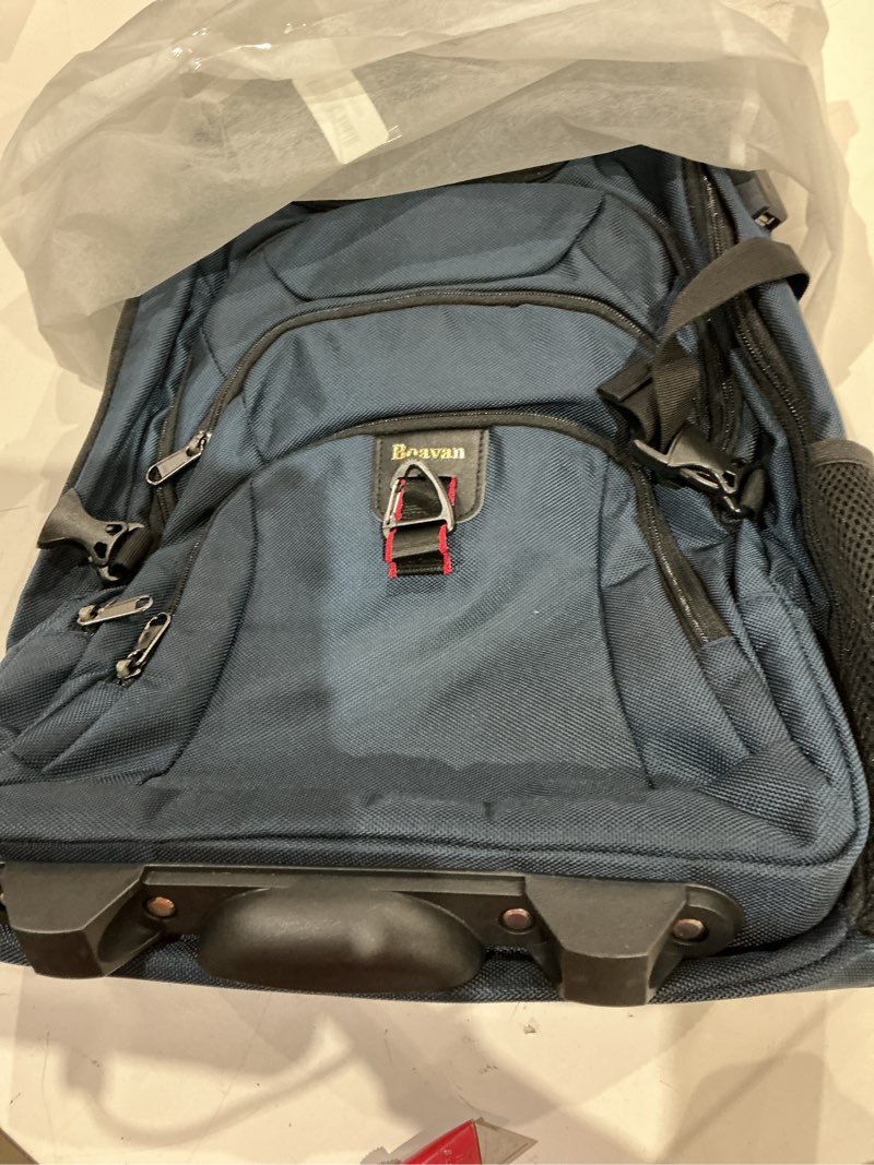 Condition photo showing Good Condition for boavan rolling backpack,17 inch water resistant wheeled backpack,carry on luggage business bag, overnight college computer bag trolley suitcase for men women adults to travel?black 17.3 inches navy