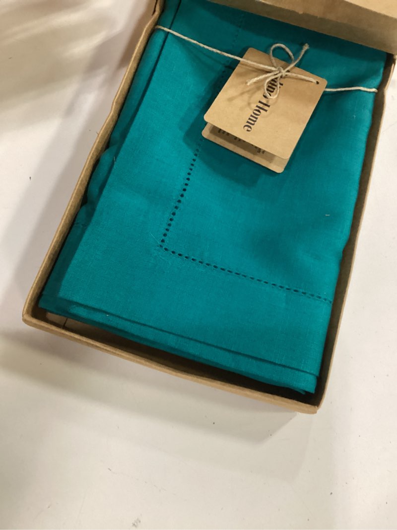 Condition photo showing Good Condition for Solino Home Linen Table Runner 120 Inches Long - 100% Pure Linen Teal Table Runner 14 x 120 Inch for Mothers Day - Classic Hemstitch 23: Teal 14 x 120 Inch
