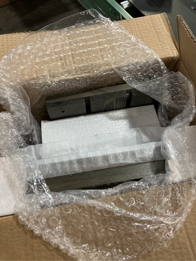 Condition photo showing Good Condition for mygift wall mounted vintage gray wood entryway bulletin board combo set with chalkboard, cork board, 2 storage display shelves and 3 key hooks, family command center wall organizer