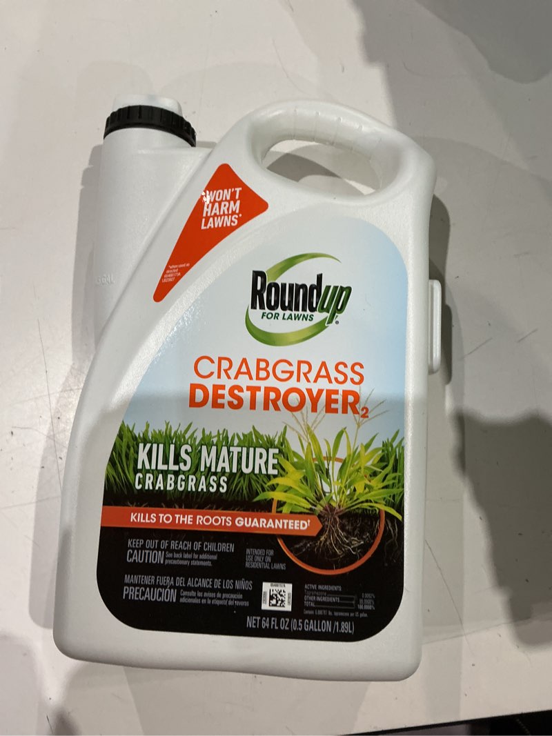 Condition photo showing As Is for roundup for lawns crabgrass destroyer2, tough weed killer, kills crabgrass, foxtail, goosegrass, ready-to-use, 64 oz. 0.5 gal. crabgrass destroyer