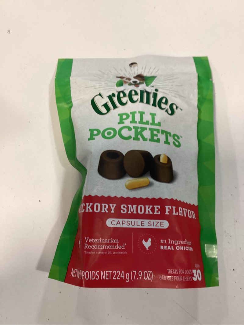 Condition photo showing New/Like New for bb aug 16,2026 greenies pill pockets for dogs capsule size natural soft dog treats, hickory smoke flavor, 7.9 oz. pack (30 treats)