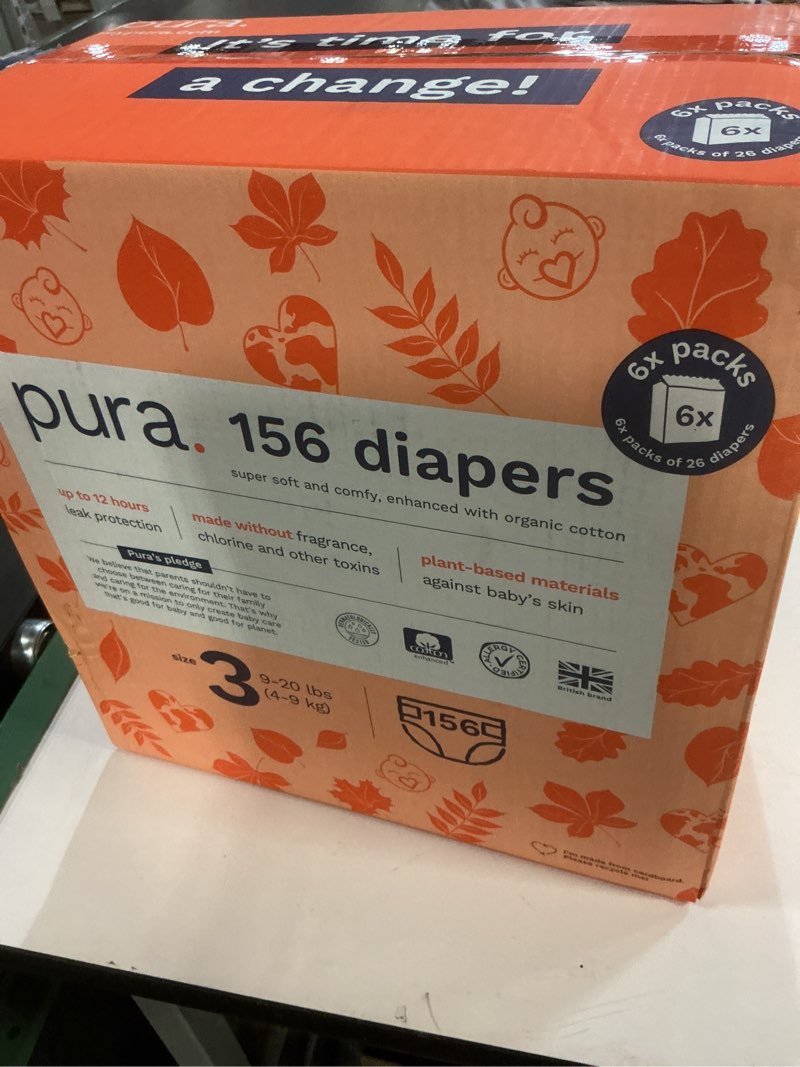 Condition photo showing New/Like New for Pura Hypoallergenic Diapers, Size 3 (9-20 lbs) Monthly Pack, Overnight, up to 12 Hours Leak Protection, Suitable for Sensitive Skin, TCF, Super Soft Organic Cotton, 6 Packs of 26 (156 Baby Diapers) Size 3 156