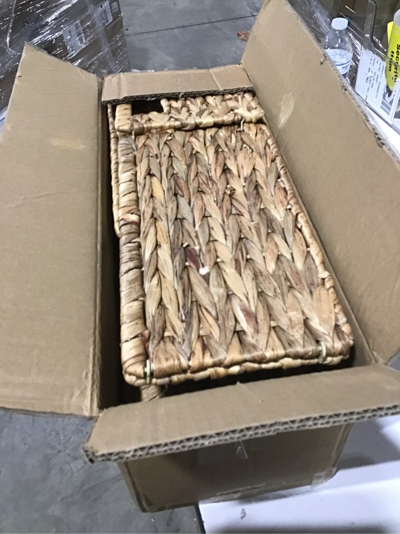 Condition photo showing As Is for SpaceAid 4 Pack Wicker Basket, Storage Baskets for Organizing, Woven Rattan Basket with Handles for Shelves, Water Hyacinth Large Cube Organizer Storage Bin, 13x8.2x7 inch, Natural 4-Pack, 13x8.2x7in Natural