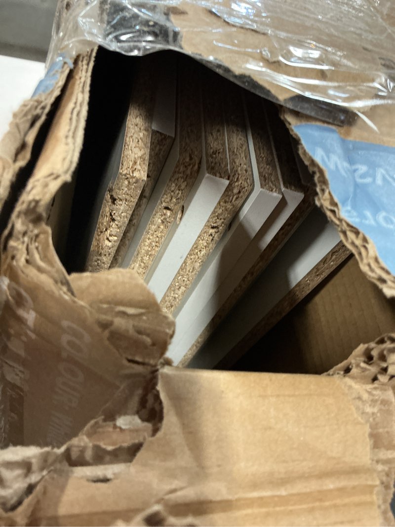 Condition photo showing As Is for 8-cube storage organizer, white bookshelf with open compartments for home office, modern bookcase display shelf for living room, bedroom & entryway white 8-cube