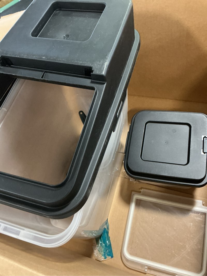 Condition photo showing As Is for IRIS USA 3-Piece 41 Lbs / 45 Qt WeatherPro Airtight Pet Food Storage Container Combo with Scoop and Treat Box for Dog Cat and Bird Food, Keep Fresh, Translucent Body, Easy Mobility, Black