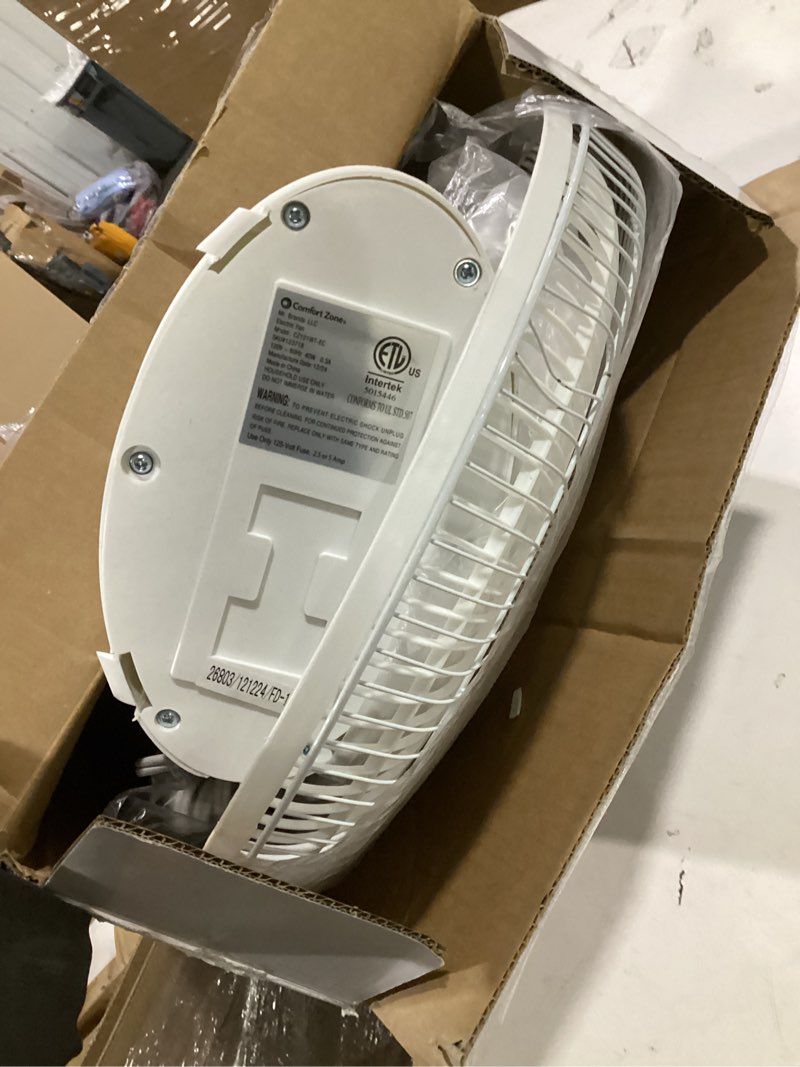 Condition photo showing Good Condition for comfort zone 12 inch table fan with adjustable tilt, wide area oscillation, quiet air circulator fan for bedroom, 3 speed desktop fan for home office, push button controls, white