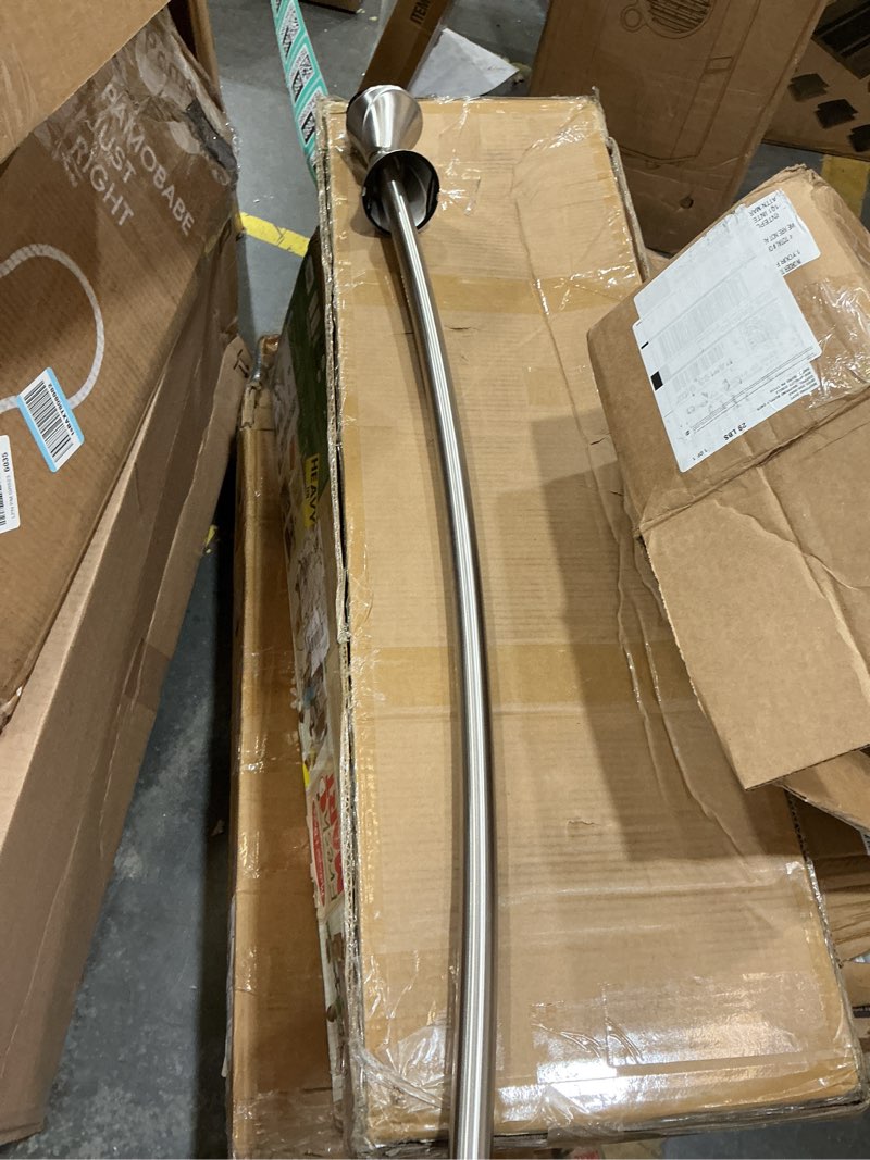 Condition photo showing As Is for moen curved adjustable spring tension no drill shower curtain rod for bathroom, brushed nickel finish, csr2172bn brushed nickel curtain rod