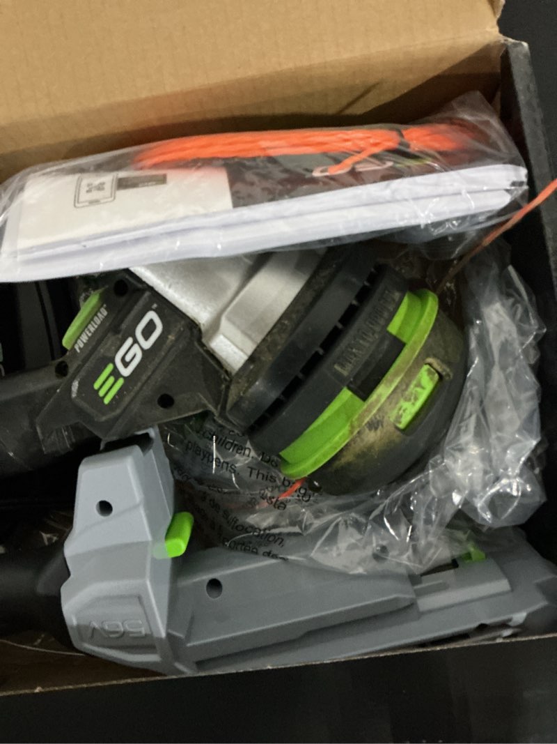 Condition photo showing As Is for ego powerload 56-volt 15-in telescopic shaft battery string trimmer 2.5 ah (battery and charger included)