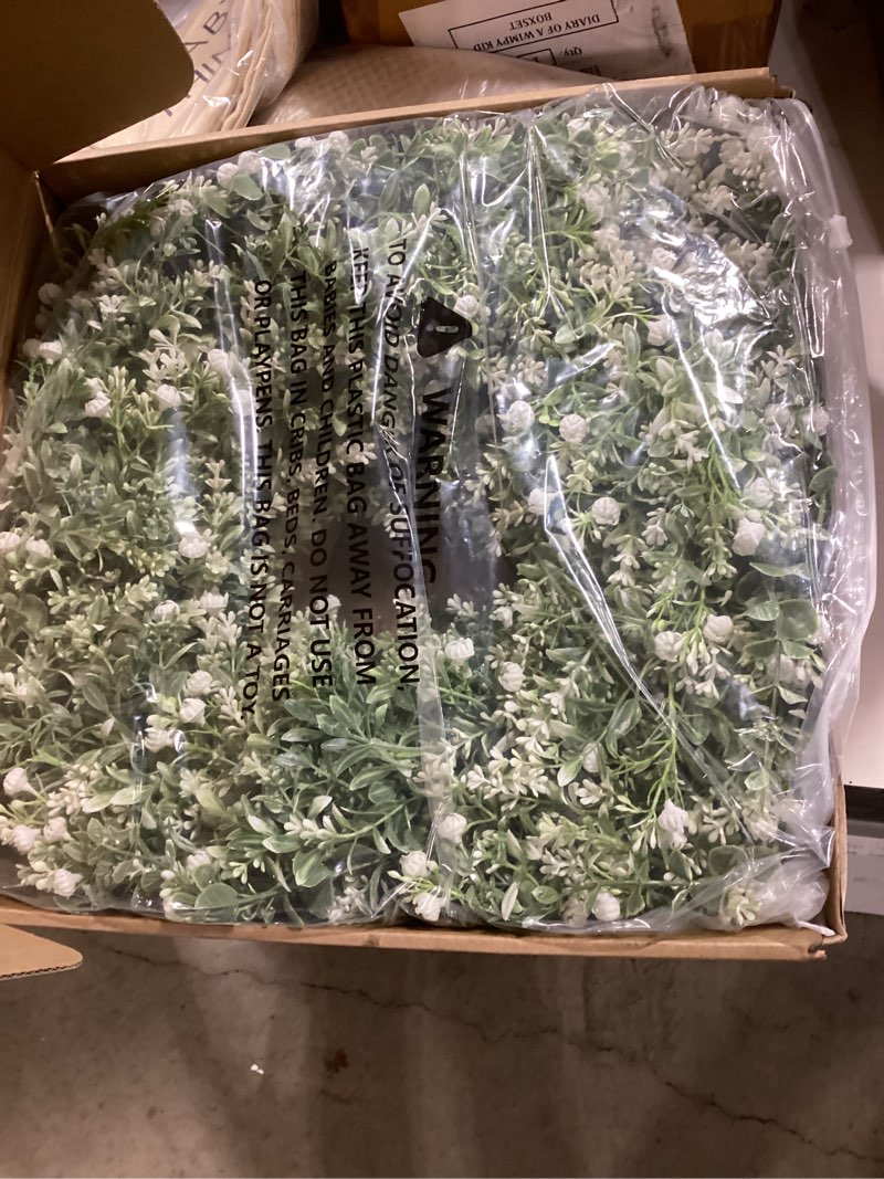 Condition photo showing New/Like New for 26'' large eucalyptus wreath for front door, porch- artificial eucalyptus and lavender with babys breath flowers wreath for home, farmhouse wall decor- spring, summer, fall, all seasons (white-green) 26"