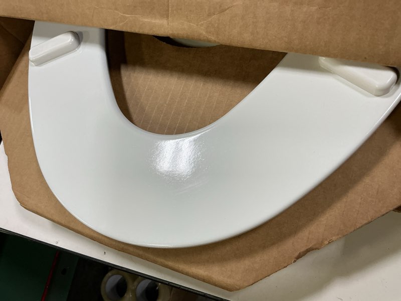 Condition photo showing As Is for Mayfair 1847SLOW 000 Kendall Slow-Close  Removable Enameled Wood Toilet Seat that will Never Loosen  1 Pack ELONGATED - Premium Hinge  White
