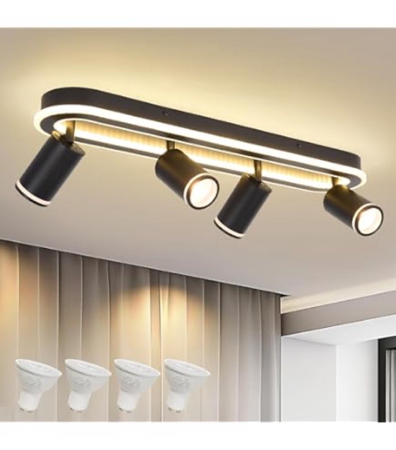 LED 4 Light Track Lighting Kit, Black Round Ceiling Spot Lighting Fixture with Flexibly Rotatable Heads, Modern Spotlight for Kitchen, Living Room, Bedroom, Dual Lighting Design,Includes 2 x GU10 Bulb 4 Light Round