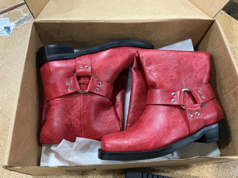 Condition photo showing Good Condition for fifsy women's knee high boots slip on riding boots buckle boots for women sexy squared toe low chunky high heel tall motorcycle boots women's low heel 1-2\" boots dance party booties red size 39