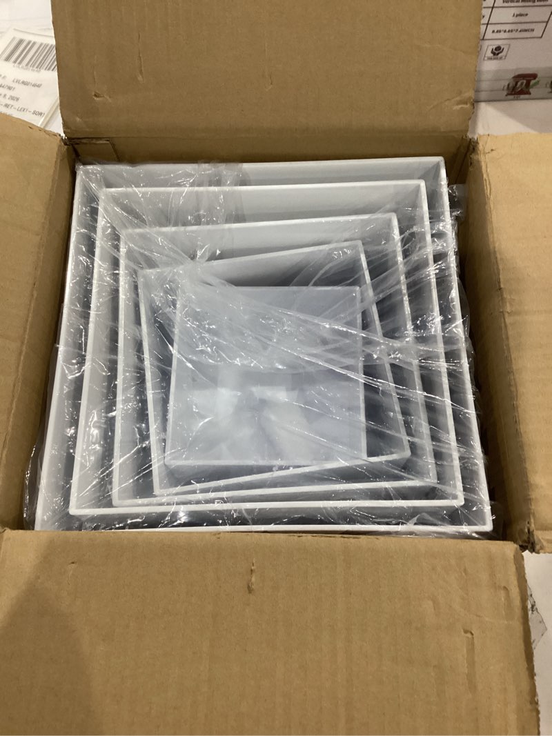 Condition photo showing New/Like New for 9 PCS White Buffet Risers and Stands | Food Display Risers for Buffet Table | Acrylic Stands with Signs and Markers | Cube Boxes for party, birthday, wedding, Catering, Collection | Size 10’’-9’’-8’’-7’’-6’’-5’’